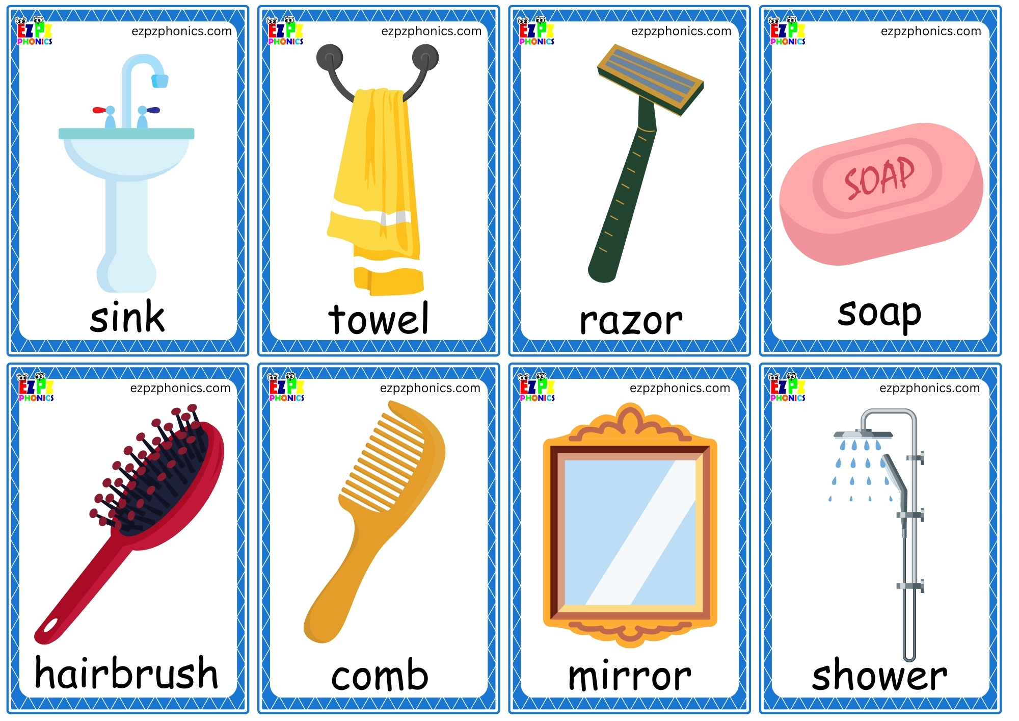 Bathroom Vocabulary Mini Flashcards and Game Cards